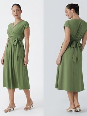Halara Cloudful Wannabe Backless Midi Dress XL Olive Green NWT Fixed Wrap Front